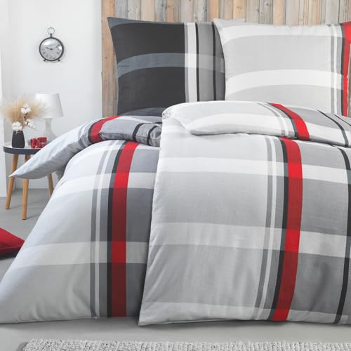 BaSaTex Feinbiber Winter Bettwäsche warme und kuschelige Bettgarnitur und Kissenbezug 4teilig 2X 135x200 +2X 80x80 cm | 100% Baumwolle | Jack - Anthrazit Grau Rot