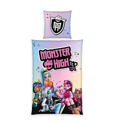 Herding Bettwäsche Monster High, Kopfkissenbezug 70 x 90 cm mit Reißverschluss und Wende-Motiv, Bettbezug 140 x 200 cm, Mit Reißverschluss, 100% Baumwolle/Renforcé