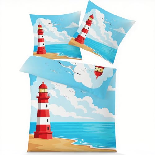 GEDAEUBA Leuchtturm Bettwäsche 155x220 - Maritim Möwen Bettbezug, Wendebettwäsche und Kissenbezug 80x80, Weiche & Angenehme Mikrofaser Bettwäsche-Sets mit Reißverschluss