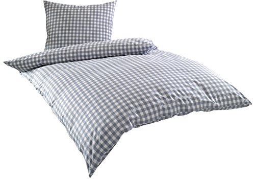 Bettwaesche-mit-Stil Mako Batist/Mako Perkal Landhaus Bettwäsche Karo Oslo kariert (135 cm x 200 cm + 80 cm x 80 cm, Grau - Karo)