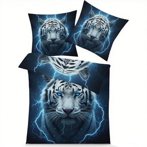 GEDAEUBA Bettwäsche 135x200 Weißer Tiger - Tiere Bettbezug, Wendebettwäsche und Kissenbezug 80x80, Weiche & Angenehme Mikrofaser Bettwäsche-Sets mit Reißverschluss