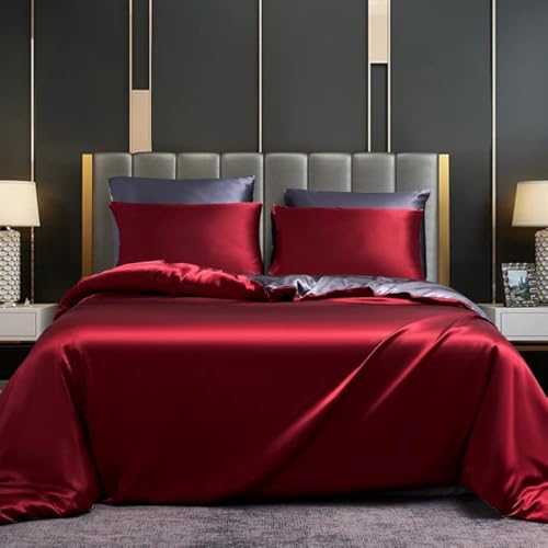DXHOME Seiden Bettwäsche 200 x 200cm Satin Luxus Seide Glanzsatin Mikrofaser Rot Weinrot Grau Wendebettwäsche Uni Deckenbezug mit Reißverschluss und 2 Kissenbezüge 80 × 80cm