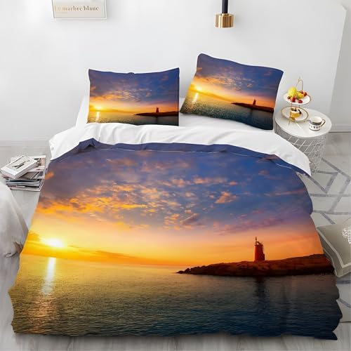 Ypthriline Bettwäsche 180x200 Sonnenuntergang-Leuchttur m Bettbezug 3D Landschaft Bettbezug Mikrofaser 3teilig - 1 Warmes Weiche Bettwäsche 180x200 cm + 2 mit Reißverschluss Kissenbezüge 80x80 cm