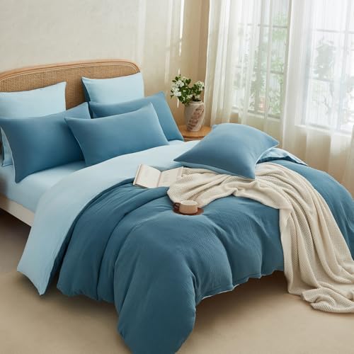 Boqingzhu Muslin Bettwäsche 135x200 cm Baumwolle Blau Dunkelblau Hellblau Sommerbettwäsche Leicht Kühlend Atmungsaktiv Wende Bettbezug Einzelbett und Kissenbezug mit Reißverschluss