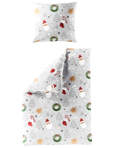 JACK by Bierbaum Biber Bettwäsche 2 TLG. 135x200cm Santa Claus Geschenke Silber Grün Rot Offwhite
