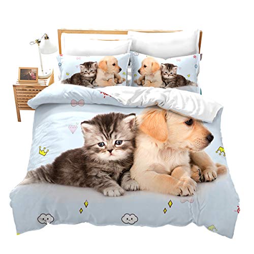 Loussiesd Tiere Bettwäsche Set Niedlich Schöne Hunde Katzen Bettwäsche Set für Jungen Mädchen Mikrofaser Hochwertiger Pet Theme Bettbezug mit 1 Kissenbezug 2 Stück 135x200 cm 80x80 cm Einzelbett
