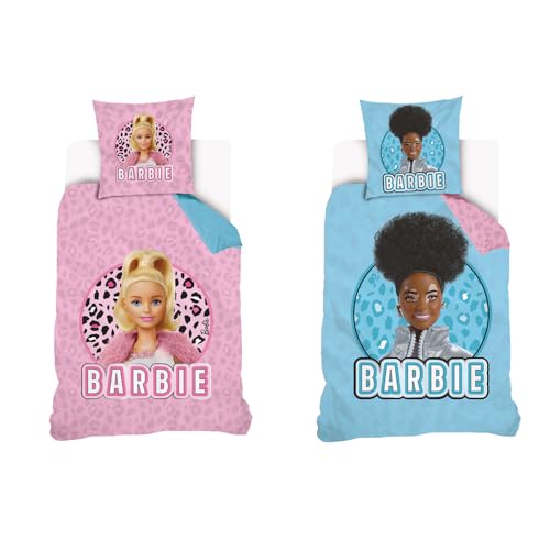 Barbie - Housse De Couette réversible Barbie 140x200 cm + 1 taie d'oreiller 63x63 cm - 100% Coton - Rose et Bleu