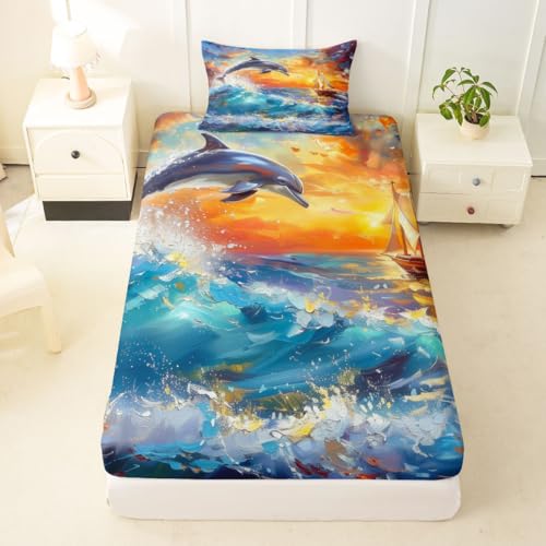 Schöner Delphin Einbaublech L Größe Aquarell Meer Retro Segelboot Dekor Bettdeckung 2pcs Schöne Sonnenuntergang Wolken Drucken Bettwäsche Set für Erwachsene
