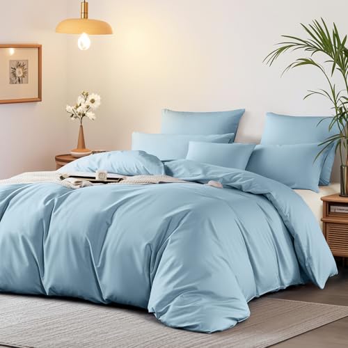 Boqingzhu Mako Satin Bettwäsche 155x220 cm Baumwolle Blau Hellblau Luxus Weich Seidig Ägyptische Baumwolle Bettwaren & Bettwäsche Set Bettbezug und Kissenbezug mit Reißverschluss