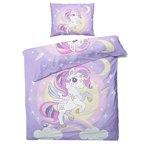 ZDABAOEC Lila Einhorn Bettwäsche 135x200 Kinder Mädchen, Mond Sterne Regenbogen Kinderbettwäsche 4teilig - 100% Microfaser 2 Bettbezug + 2 Kissenbezug 80x80, mit Reißverschluss, Wende Motiv ZDABAOEC Lila Einhorn Bettwäsche 135x200 Kinder Mädchen, Mond Sterne Regenbogen Kinderbettwäsche 4teilig - 100% Microfaser 2 Bettbezug + 2 Kissenbezug 80x80, mit Reißverschluss, Wende Motiv