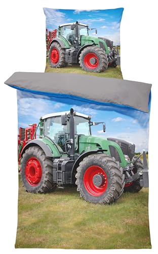 Bettwäsche 135x200 Mikrofaser Bettbezug Kinderbettwäsche Fotodruck modern weich und kuschelig knitterfrei für Sommer und Winter geeignet, Farbe:Traktor Trecker grau, Größe:2 teilig 135x200