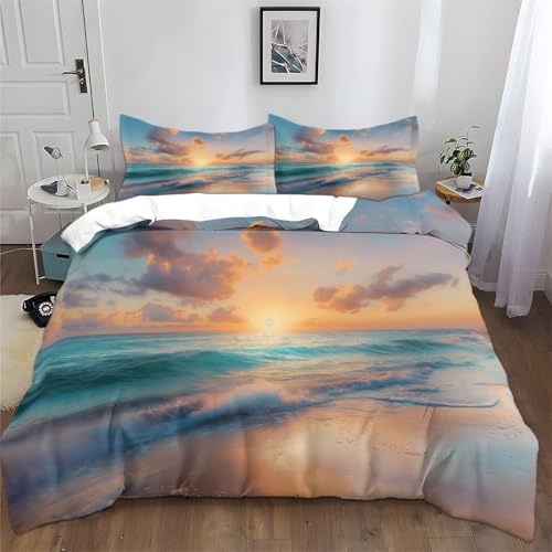 Srigzcaly Karibischer Inselstrand 155 x 220 cm Bettwäsche Set mit Reißverschluss TüRkis für Jungen Mädchen Mikrofaser Betten Set, Bettbezug mit 2 Kissenbezug