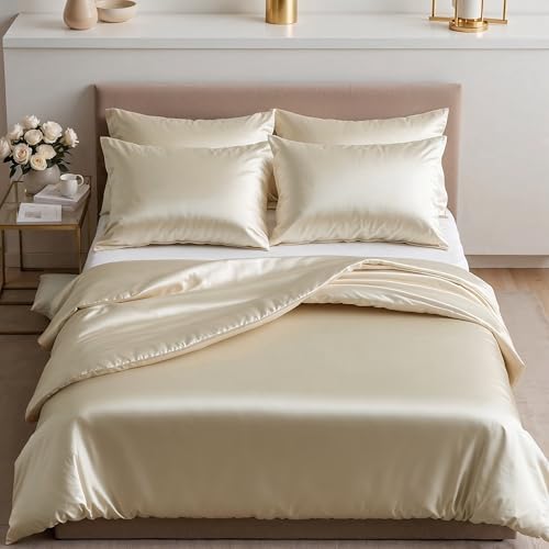 Cozyor Satin Bettwäsche 135x200 extra dick und weich mit robustem Reißverschluss Kissenbezug 80x80 cm, edles Satin 2-teilig, beige Driftwood