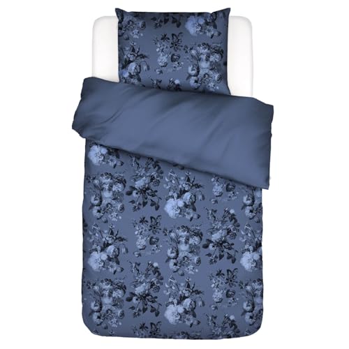 ESSENZA Bettwäsche Florice Bijou Blau Baumwollsatin Lilien Ranunkeln Rosen Blumen Geblümt Floral Wendedesign Uni Lyocell, Größe:135 cm x 200 cm