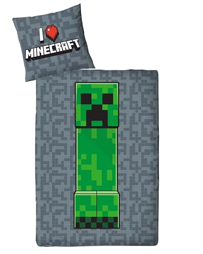 Bettwäsche 135x200 Flanell, Biber, Minecraft, kuschelig weich für Winter, 1x Kissenbezug 80x80 + Bettbezug 135x200, 100% Baumwolle, Kinderbettwäsche Gaming