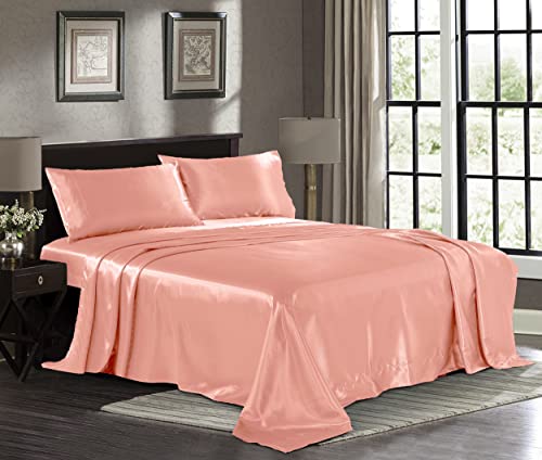 Satin Sheets King [4-teilig, Blush Pink] Hotel-Luxus-Bettwäsche-S et, seidig, extra weiches 1800 Mikrofaser, knitterfrei, farbecht, schmutzabweisend, tiefes Spannbetttuch, Bettlaken, Kissenbezüge