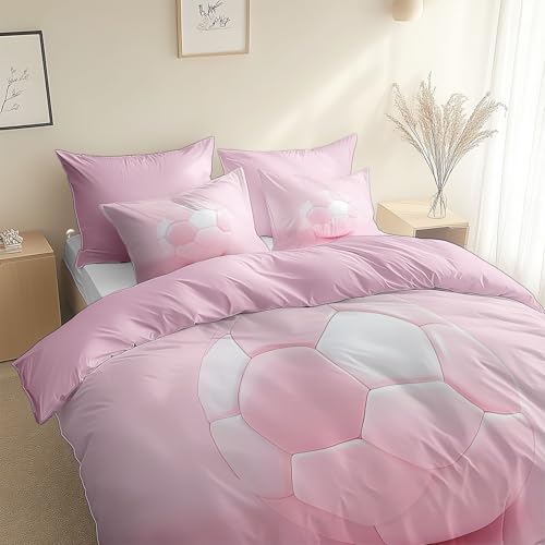 XCQHZYQ Bettwäsche-Set 155x220 cm Fußball Pink Wende Bettwäsche Rosa Einzelbett für Kinder 3D Microfaser Baumwolle Bettbezug und Kissenbezug 80x80cm mit Reißverschluss