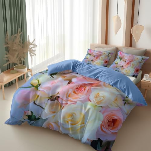 Srigzcaly Bettwäsche 155X220 cm Blumen Romantische Elegante Rose Bettbezug, Bettwäsche-Sets 3 Teilig, Super Weich Mikrofaser Wendebettwäsche Und 2 Kissenbezug 80X80 cm, Hellblau