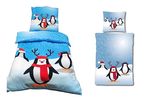 YOUNG DA - Weihnachts Pinguin mit Weihnachtsmütze - Kuschelige Fleece Bettwäsche, wärmendes 2-TLG. Set mit Bettbezug 135x200 cm & Kissenbezug 80x80 cm