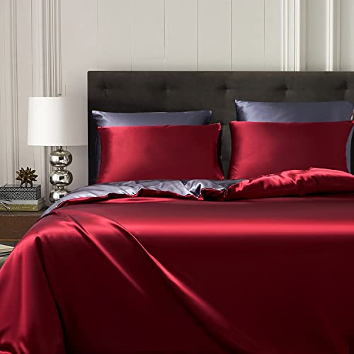 Gezu Seide Bettwäsche 135x200cm Rot Weinrot Grau Dunkelgrau Einfarbig Wendebettwäsche Set Luxus 100% Glanzsatin Mikrofaser mit Reißverschluss und Kissenbezug 80x80cm