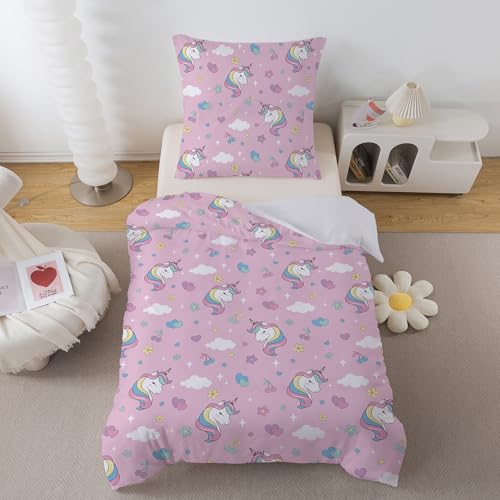 Caregchrisj Bettwäsche Kinder 135x200 Mädchen Einhorn Bettbezug und Kissenbezug 80X80cm für Kinder, Rosa Einhorn Motiv Kinderbettwäsche mit Reißverschluss