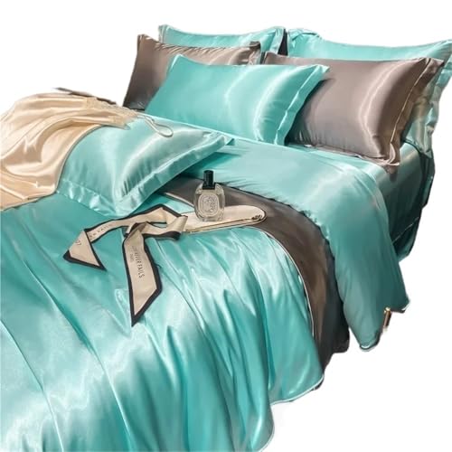 JCXIOC Seiden-Bettwäsche Set Bettwäscheset aus massiver Seide mit Bettbezug, Bettlaken, Kissenbezügen, Kingsize, Einzel- und Doppel-Paar-Kissenbezug(W ater Blue,Full Size 3pcs)