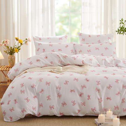 Tospass Schleife Bettwäsche 135x200cm Weiß Rosa Schleifen Mädchen Wendebettwäsche-Set Deckenbezug Fliege Mikrofaser Kinderbettwäsche 1 Bettbezug mit Reißverschluss und 1 Kissenbezug 80x80cm
