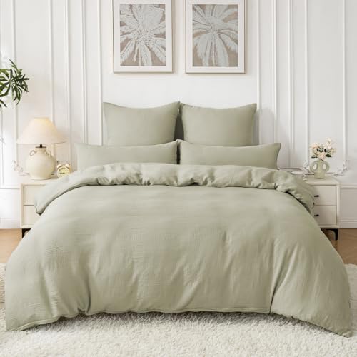 SOULFUL Doppelte Muslin Bettwäsche 135x200 4 Teilig Baumwolle, Bettwäsche-Sets 2er Set Bettbezug mit 2 Kissenbezüge 80x80 cm, ÖKO-TEX Bettwäsche Nebelgrün mit Reißverschluss