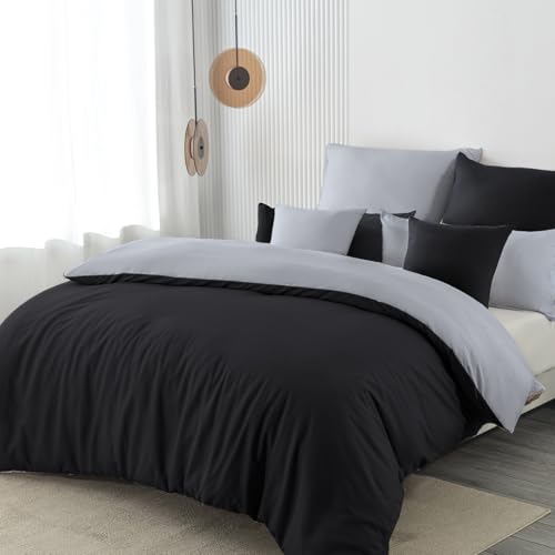 Nesture Bettwäsche 200x200 3teilig/Grau Bettwäsche Microfaser Wendebettwäsche 200 x 200, weich & bügelfrei 1 Bettbezug + 2 Kissenbezug 80x80cm Reißverschluss