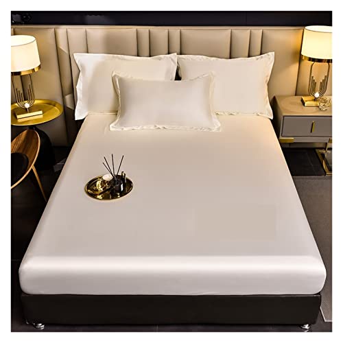 Bettwäsche aus Eisseide Satin-Seiden-Spannbettlak en, einfarbig, Matratzenbezug, elastisches Band, Bettlaken, Seidensatin, 180 x 200 cm, maschinenwaschbar für Zuhause(White,150x200x25c m 1Pc)