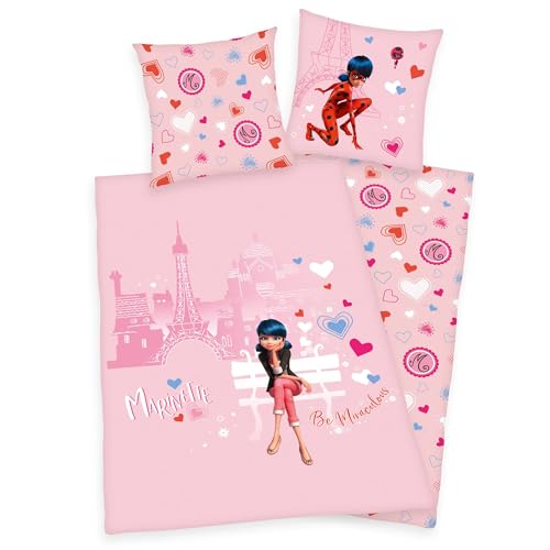 Miraculous Ladybug Flanell Wende Bettwäsche-Set rosa Bettbezug 135 x 200 cm Kissenbezug 80x80 cm Kinderbettwäsche aus 100% Baumwolle mit Reißverschluss