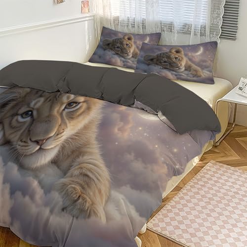 MULERN Wolken Kleiner Löwe Bettwäsche 200x200cm 3teilig - Weich Microfaser ReißVerschluss Bettbezug-Set für Kinder Teenager, Niedlich Verträumt Bettwaren Mit 2 Kissenbezug 80 * 80cm