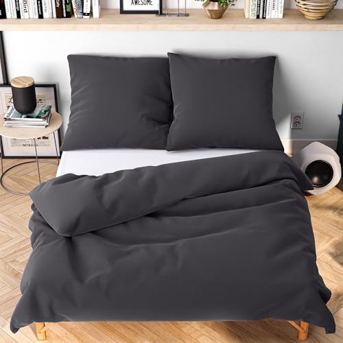 Wolkenfeld Bettwäsche 135x200 cm – Anthrazit - kuschlig weich & bügelfrei – ÖKO-TEX Zertifiziert – Mikrofaser Bettwäsche-Sets 1x Bettbezug 135 x 200 + 1x Kissenbezug 80x80