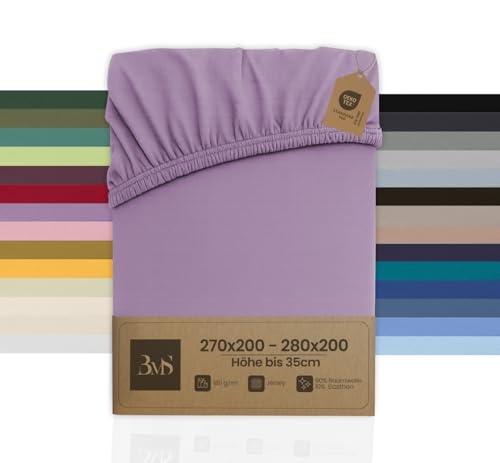 Bettwaesche-mit-Stil Familienbett Spannbettlaken Jersey Spannlaken Spannbetttuch (270x200-280x200 cm, Matratzenhöhe bis 35cm, Flieder Rosa) Gewicht: 180g/m², 90% Baumwolle 10% Elasthan