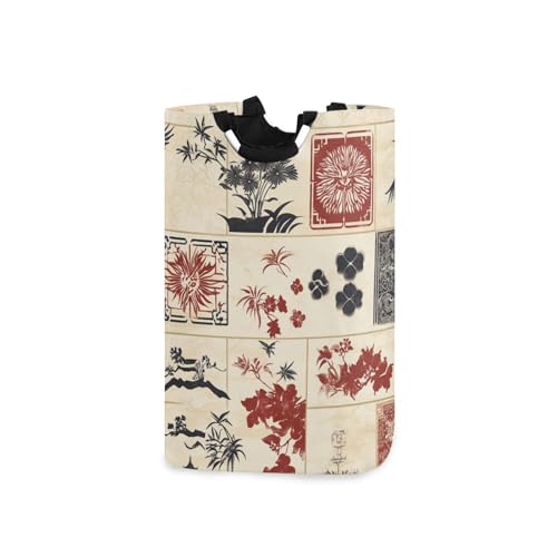 Wäschekörbe im chinesischen Stil, elegant, rot/beige, zusammenklappbare wasserdichte Aufbewahrungskörbe stabilem Griff zur Aufbewahrung von Bettwäsche Kindern
