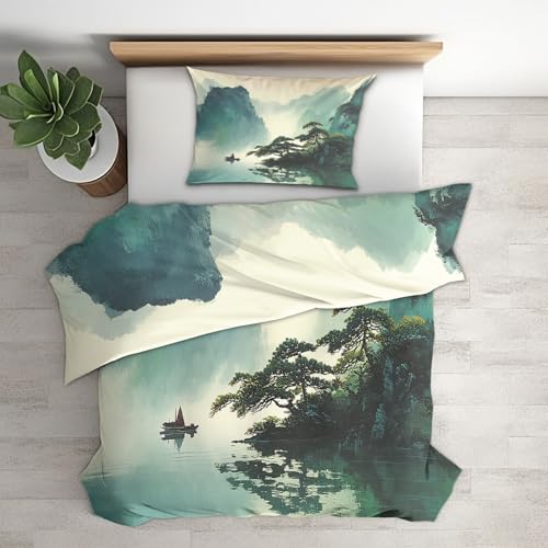 Bettwäsche 200x200 Vintage Orientalisch Chinesisch - Schlafzimmer Deko Bettbezug 200 x 200 3tlg Boot Berg See Baum Japanisch Muster, 2 Kissenbezug 80x80, mit Reißverschluss, Weich Mikrofaser FY#122