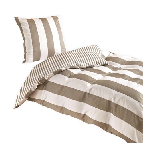 Traumschlaf Mako-Satin Wende-Bettwäsche Los Angeles – Edle Satin Bettwäsche aus 100% Baumwolle mit moderner Streifenoptik in warmen Naturtönen – 135x200 cm + 80x80 cm, beige