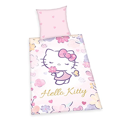 Herding Hello Kitty Bettwäsche-Set, Kopfkissenbezug 80 x 80 cm, Bettbezug 135 x 200 cm, Mehrfarbig, Mit Marken-Reißverschluss, 100% Baumwolle/Linon, Rosa