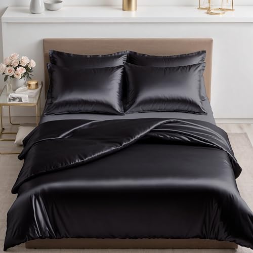 Cozyor Satin Bettwäsche 135x200 extra dick und weich mit robustem Reißverschluss Kissenbezug 80x80 cm, edles Satin 2-teilig, schwarz Eclipse