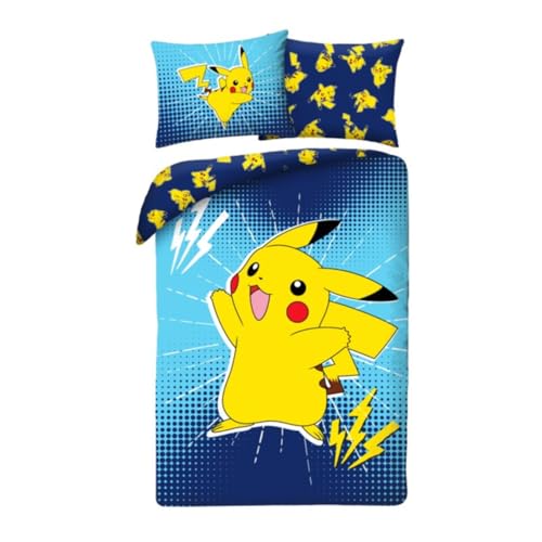 POKEMON Pikachu elektrisch – Bettwäsche-Set Bettbezug 140 x 200 cm + Kissenbezug 70 x 90 cm – wendbar – 100 % Polyester – Farbe Blau