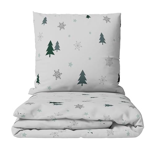 Leonado Vicenti Warme Winter Bettwäsche Set Tannenbaum Weihnachten Grün Grau Flausch Deckenbezug Kissenbezug, 4teilig, 135x200 cm