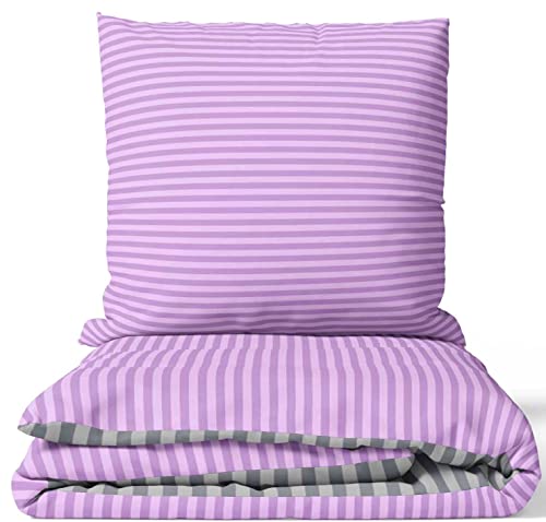 Leonado Vicenti Bettwäsche 200x220 3teilig Bettbezug - Bettwäsche-Set Baumwolle mit 2 Kissenbezüge 80x80 cm Einfarbig Gestreift Lila/Grau für Doppelbett mit Reißverschluss