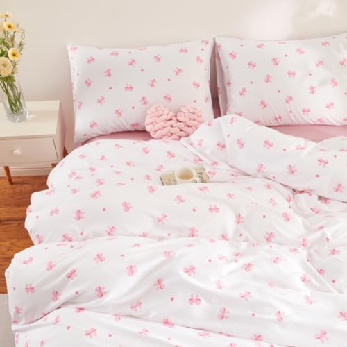 Covebett Bettwäsche 135x200 Weiß Rosa Schleifen Herzen Bettbezug Set Microfaser Aesthetic Niedlich Mädchen Kinder Schleifenmuster Deckenbezug und Kissenbezug 80x80 mit Reißverschluss