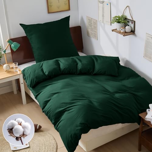 BEDELITE Bettwäsche 135x200 Baumwolle 2teilig - Bettwäsche-Sets Dunkel Grün mit Reißverschluss, Bettbezug 135x200cm mit Kissenbezug 80x80 cm, Oeko-TEX Bedding weiche und kuschelige Bettwaren