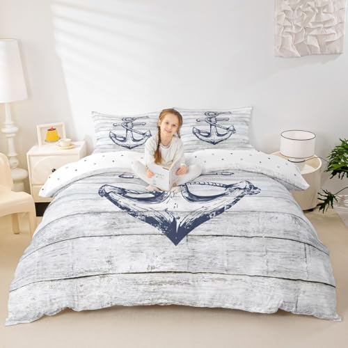 feelingyou Nautischer Anker Bettdecke Abdeckung S Größe,Erkundung Thema Bettwäsche Sets 2pcs für Kinder Zimmer Dekor,Ocean Abenteuer Deck Retro Stil Quilt Abdeckungen,1 Kissenbezug
