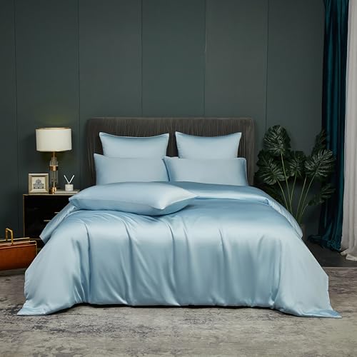 DXHOME Bambus Bettwäsche Blau Hellblau 135x200cm Bambusfaser Bettwäsche-Set Glatt Luxus Sommerbettwäsche Atmungsaktiv Kühlende Einzelbett Bettbezug mit Reißverschluss und 1 Kissenbezug 80x80cm