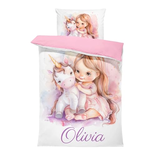 Pictogogo Mädchen mit Einhorn-Design Mädchenbettwäsche mit Namen, Personalisiert, Wählbare Baumwollunterfarbe (Weiß, Rosa, Blau, Grau), Oeko-TEX, 135 x 200 cm