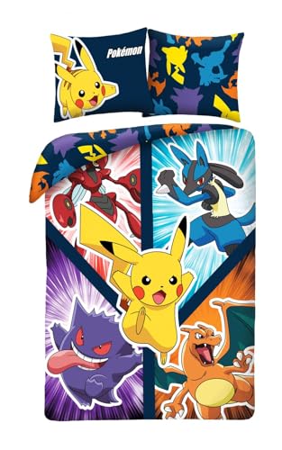 Pokemon Bettwäsche Set 135x200 + 80x80 · Pokémon Pikachu, Gengar, Glurak, Scherox und Lucario · KinderBettwäsche Set 2-teilig Bettbezug + Kissenbezug · Deutsche Größe · Baumwolle