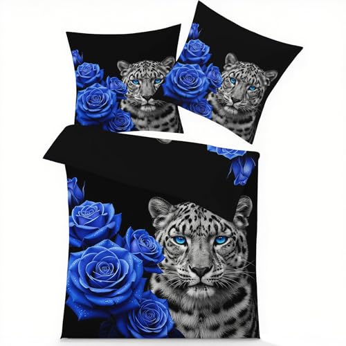 GEDAEUBA Winter Bettwäsche 135x200 Leopard Blaue Rosen - Geparden Wilde Tiere Bettbezug, Wendebettwäsche und Kissenbezug 80x80, Weiche & Angenehme Mikrofaser Bettwäsche-Sets mit Reißverschluss