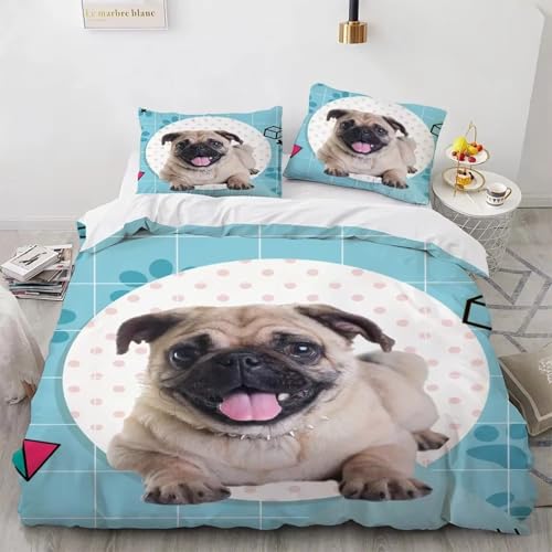 SJSXWQN Bettwäsche 135x200 Mops Bettwäsche-Set mit Reißverschluss Schließung für Kinder Mädchen Weicher Atmungsaktive Mikrofaser Bettbezug + 2 Kopfkissenbezug 80x80 cm